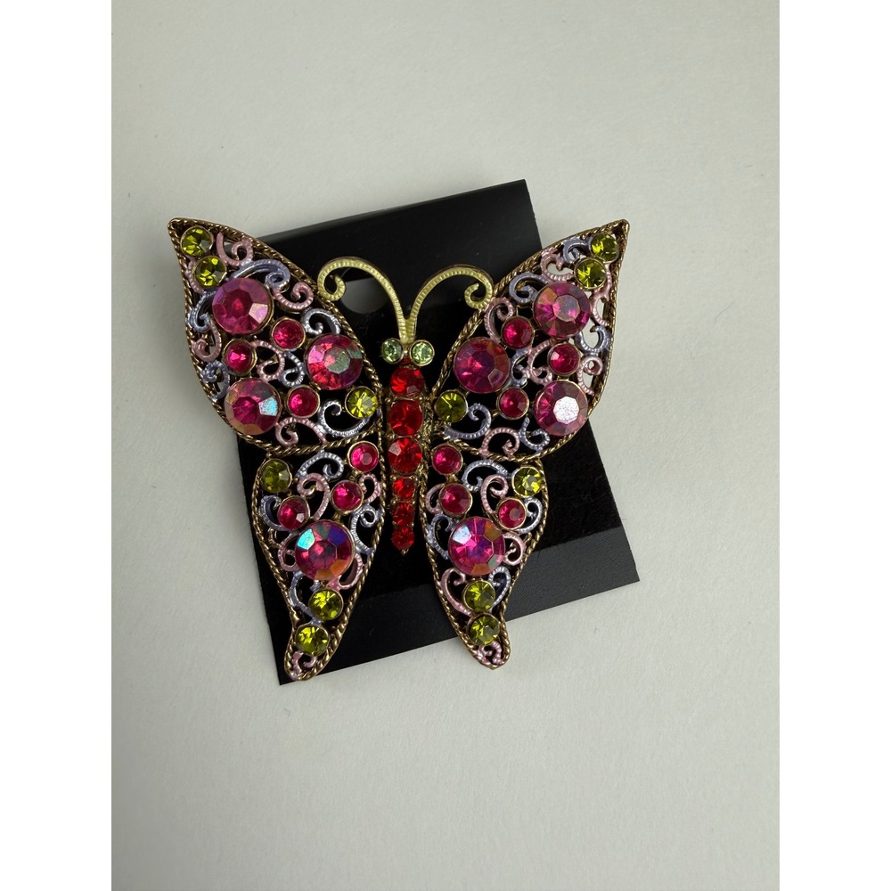 Y2K Vintage Pink Green Rhinestone Butterfly Brooch Gold Tone Filigree Pin